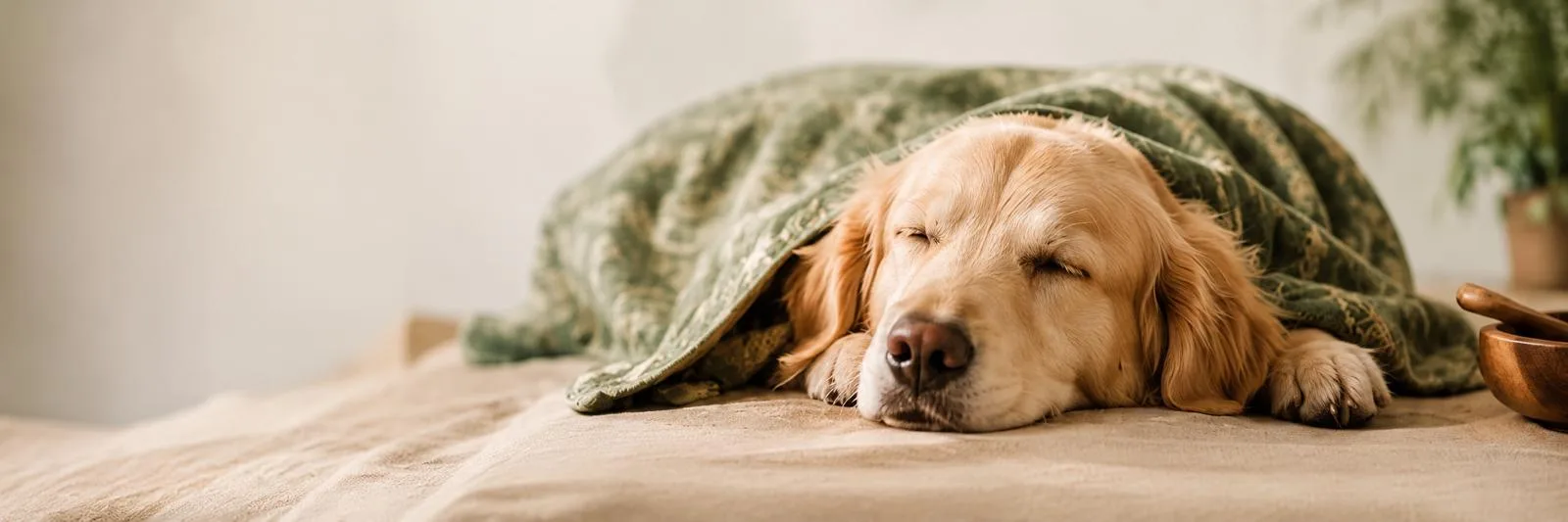 A golden retriever asleep under a green patterned blanket