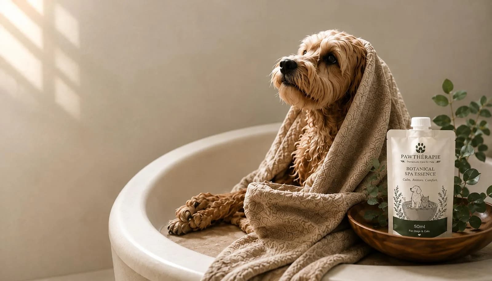 A cockapoo wrapped in a cream towel sitting in a stone bath, beside a pouch of Botanical Spa Essence and a sprig of eucalyptus