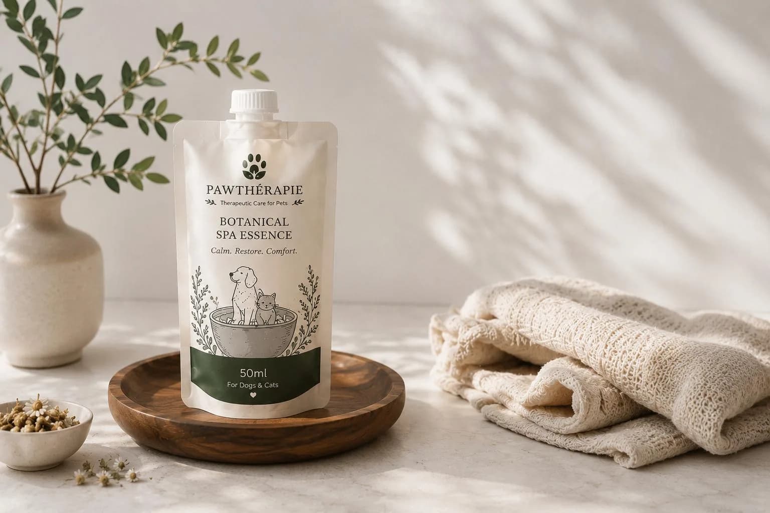 A 50ml pouch of Botanical Spa Essence on a wooden dish, with dried chamomile, an olive branch and a folded cotton towel